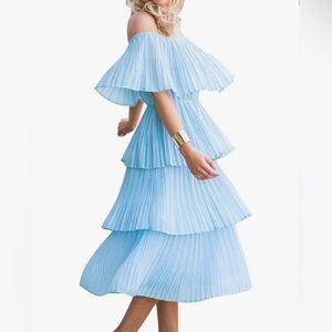 Off The Shoulder Ruffles Midi Dress -light blue XL
